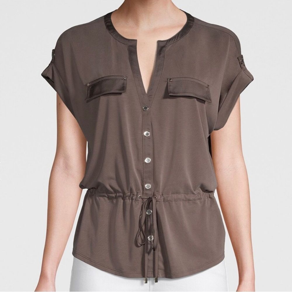 White House Black Market Olive Brown Button-Front Drawstring Blouse